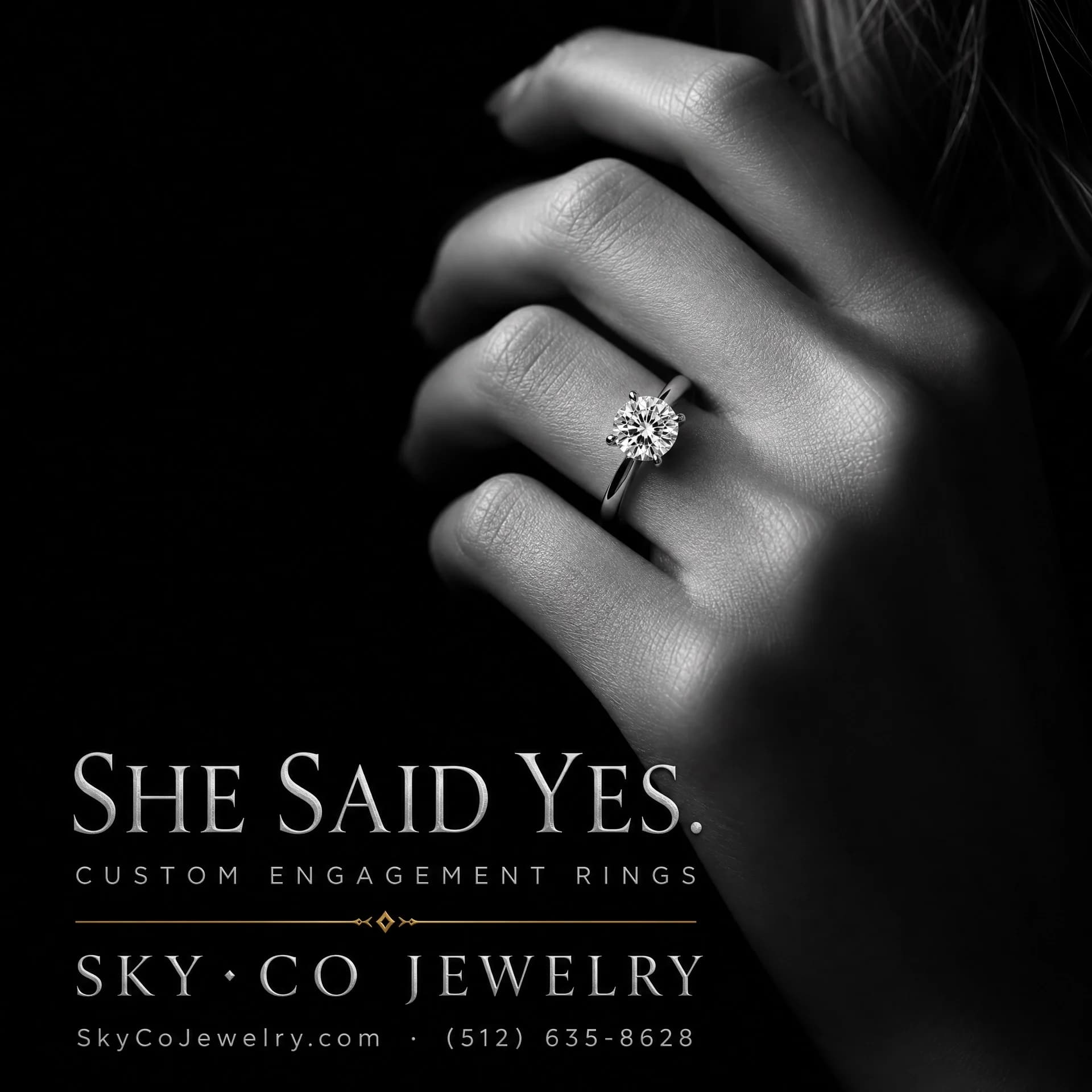 Custom engagement ring with a brilliant-cut diamond crafted by Sky & Co Jewelry in Georgetown, Texas