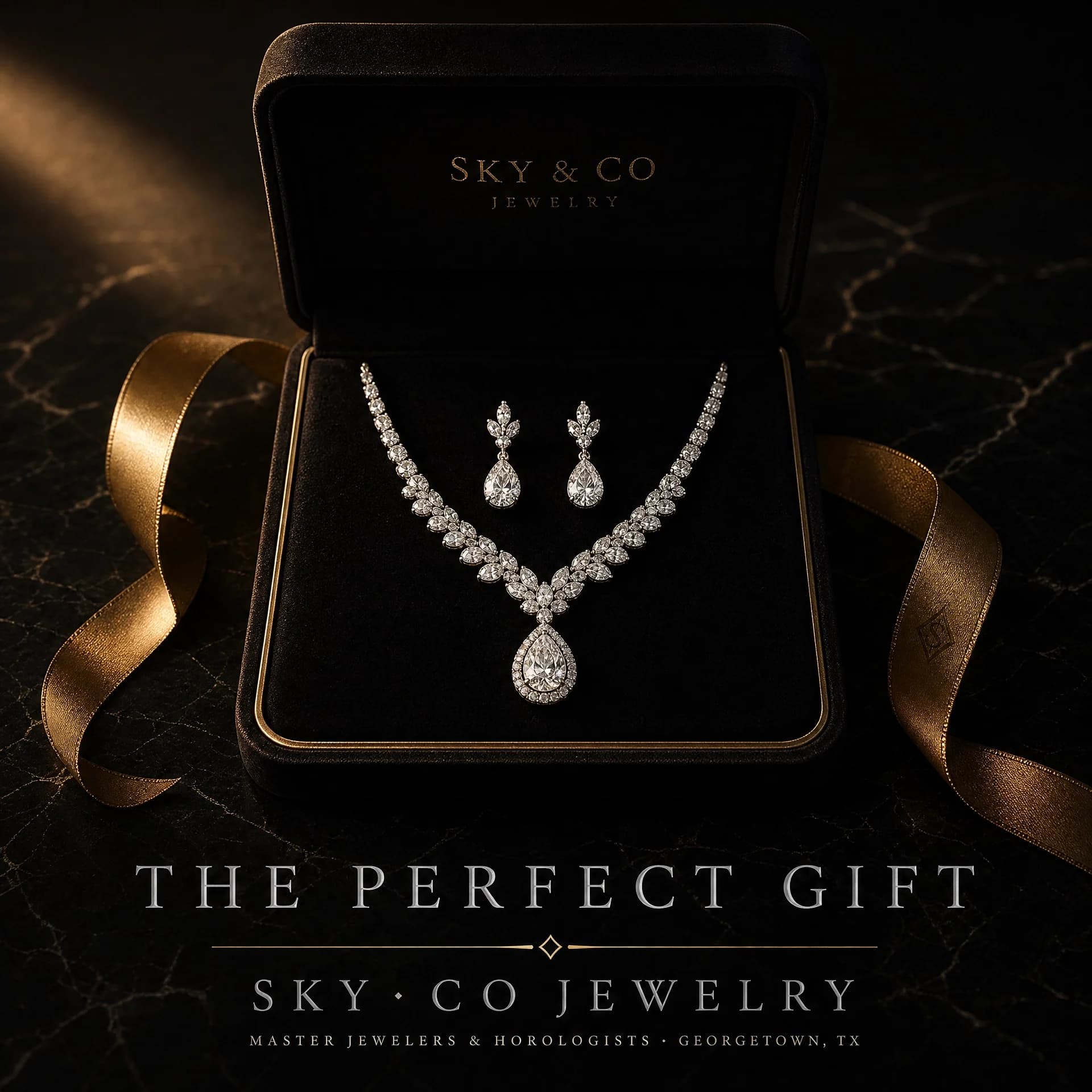 Diamond necklace and earring set in a Sky & Co Jewelry gift box, Georgetown, Texas