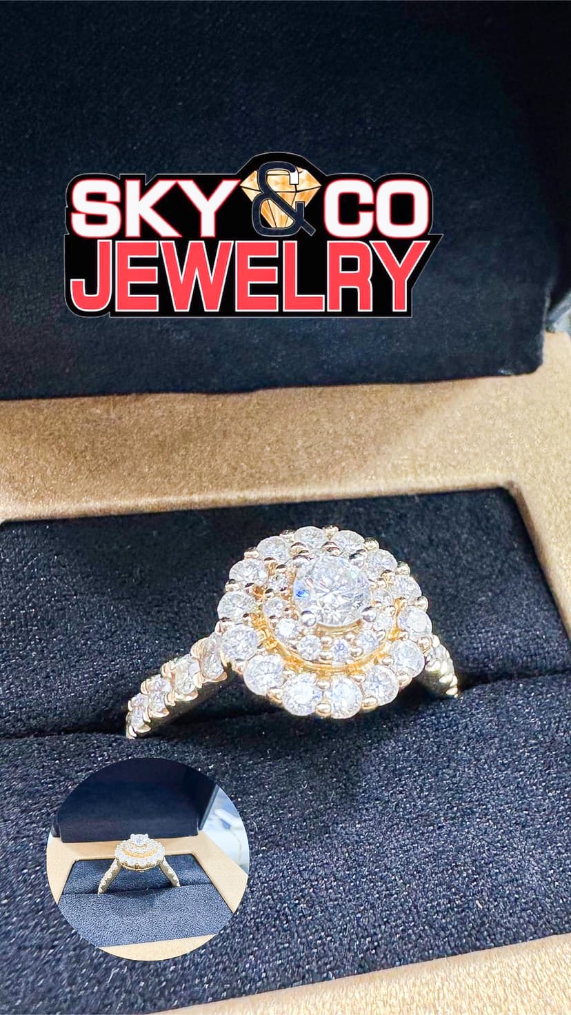 Detailed halo engagement ring from the Sky & Co. bridal collection