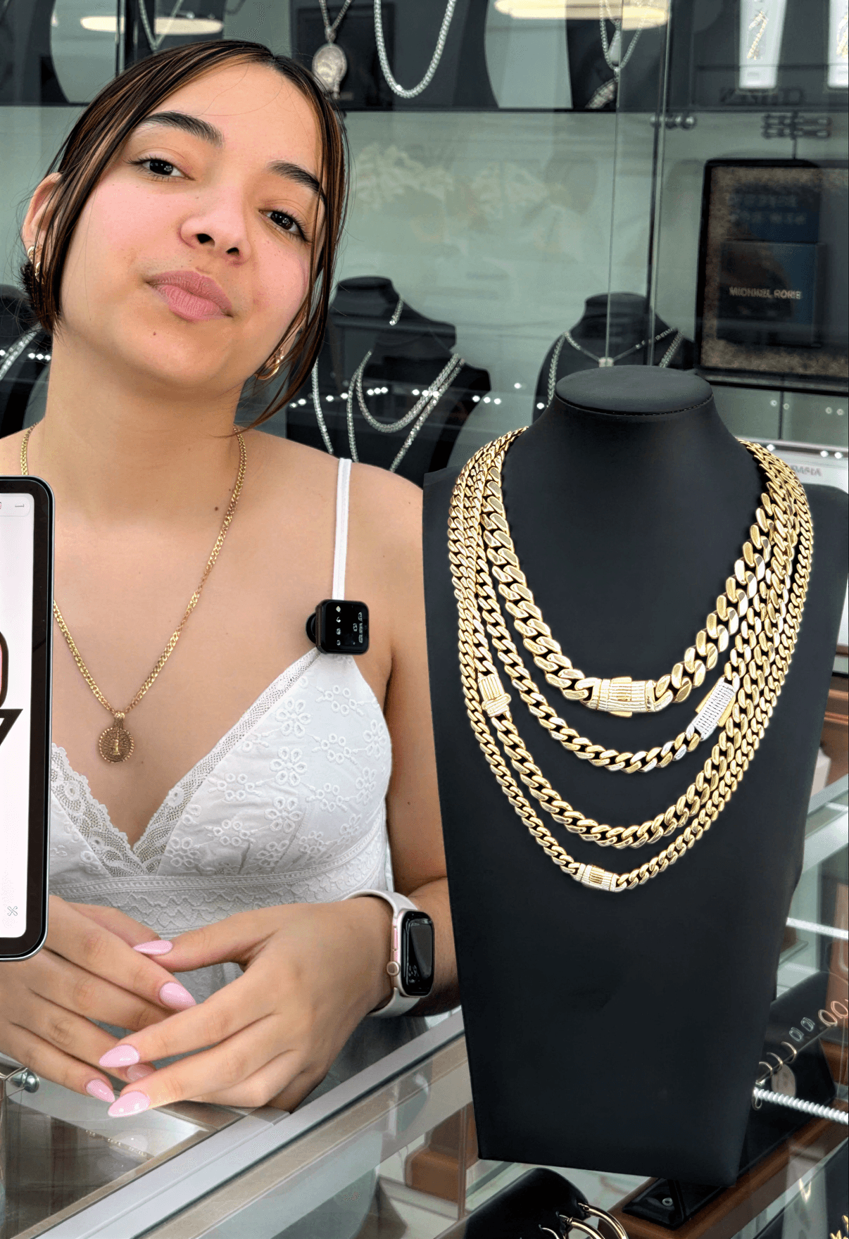 In-store display of gold chain necklaces