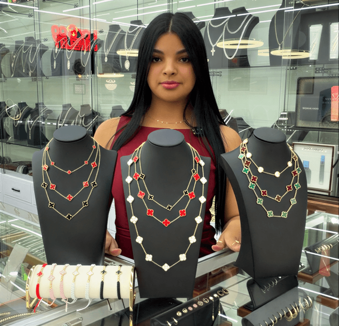 Store showcase of luxury jewelry pieces