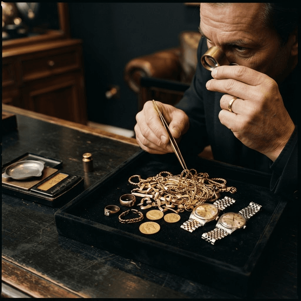 Gold jewelry, coins, and luxury watches being weighed and evaluated at the Sky & Co. Jewelry counter in Georgetown