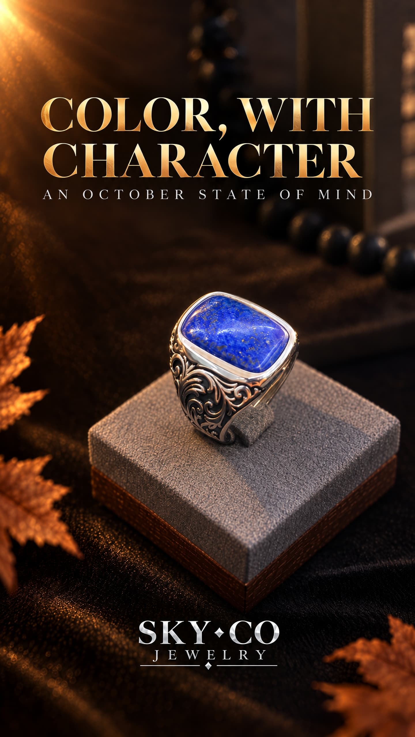 Blue lapis signet ring in a warm autumn jewelry setting