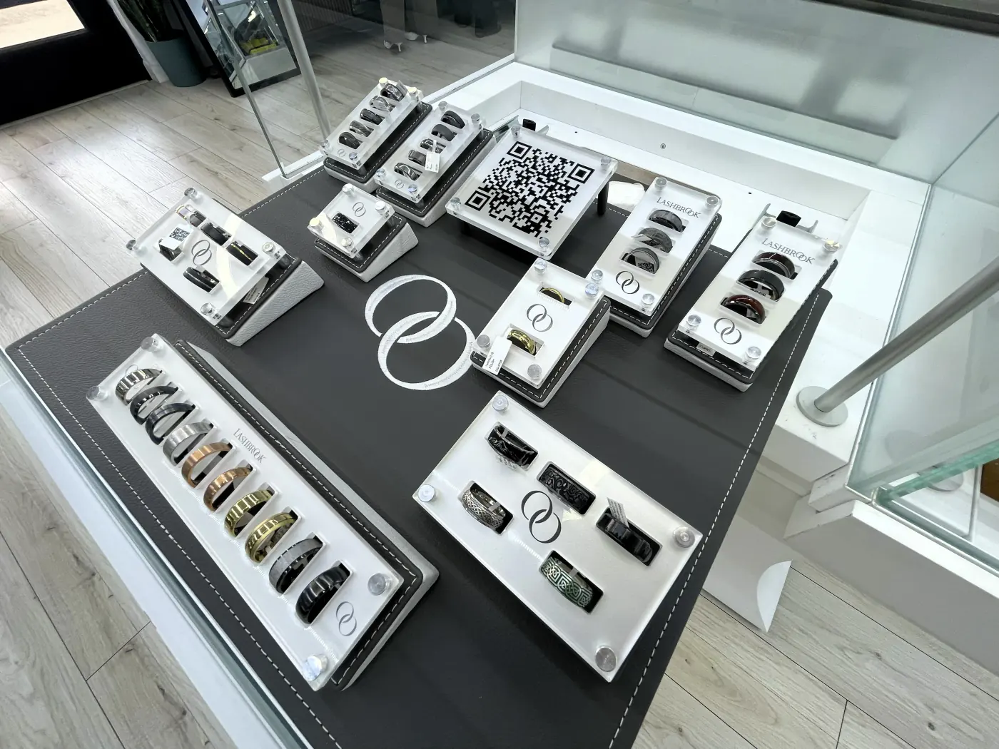 Wedding bands on display in the Sky & Co Georgetown showroom
