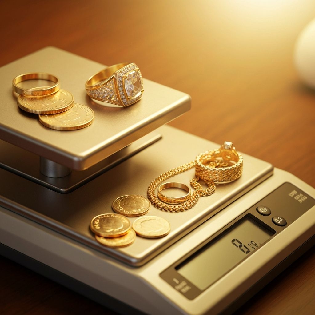Gold jewelry pieces including rings and chains being weighed on a professional jeweler's precision scale
